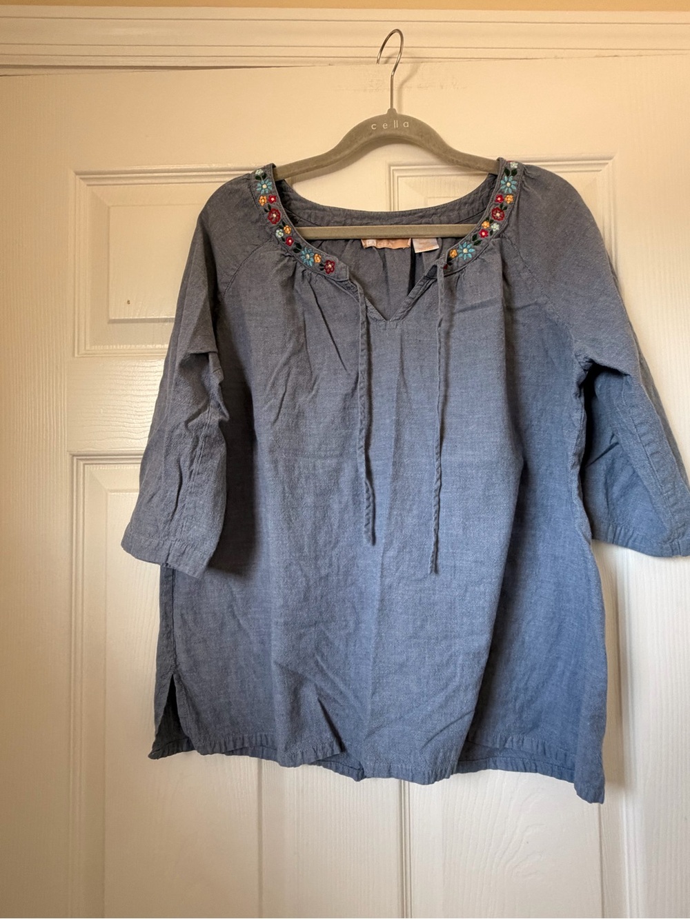 Embroidered Scoop-Neck Blue Women’s Blouse with Tie